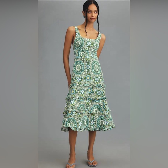 Anthropologie Sleeveless Ruffled Blue Green A Line Midi Dress size Medium - Picture 1 of 16